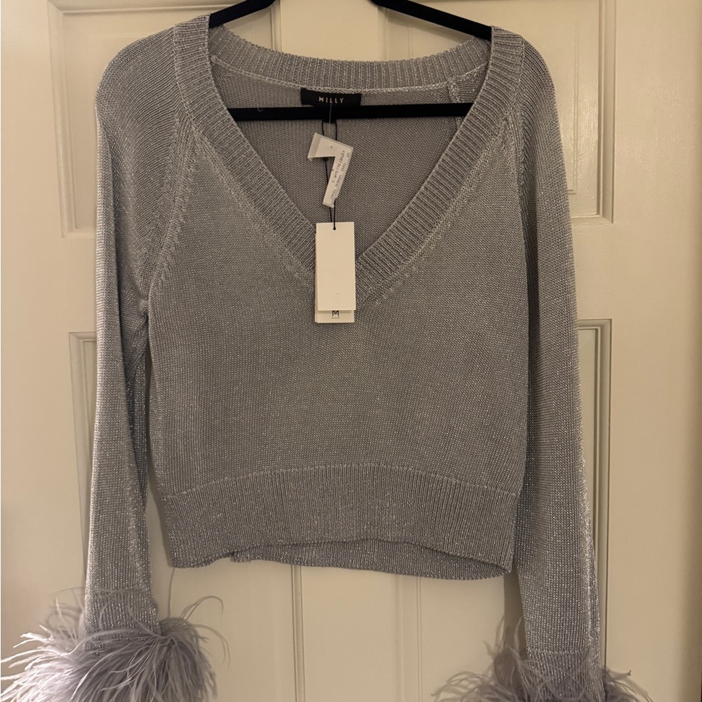 Milly Metallic Silver V-Neck Sweater with Feather Cuffs